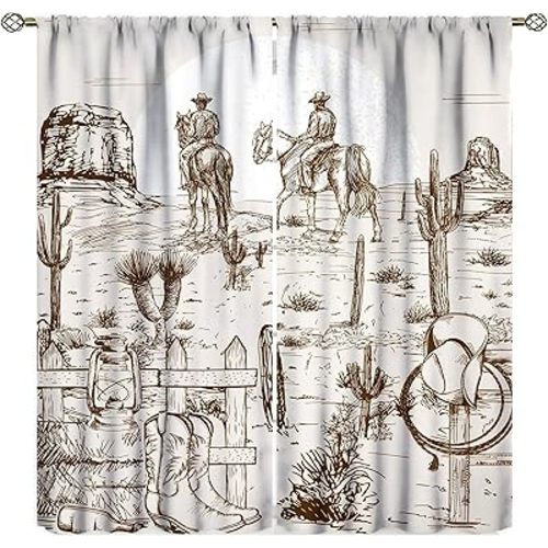 Western Kitchen Curtains, Country Theme Hand Drawn Illustration of American Wild West Desert with Cowboys, Window Drapes 2 Panel Set for Kitchen Cafe, 42" X 45",Decor