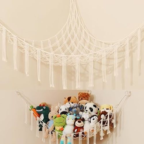 iKeelo Stuffed Animal Hammock, Boho Corner Stuffy Storage Net for Plush Toys, Nursery Hanging Organizer for Kids Bedroom and Playroom