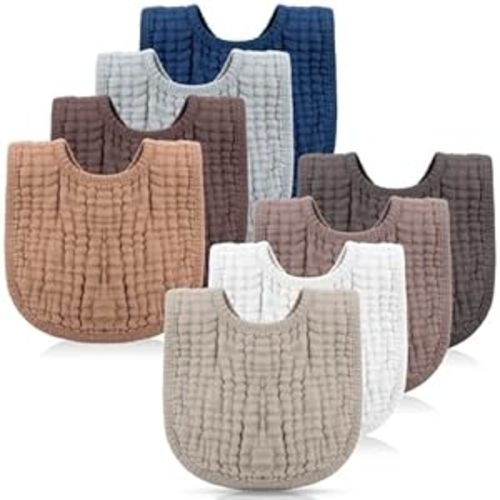 Frienda 8 Pcs Muslin Bibs Baby Cotton Bandana Drool Bibs Bulk for Boys Girls Newborn Infant 6 Absorbent Layers Bibs Feeding Accessory(Rustic Colors)