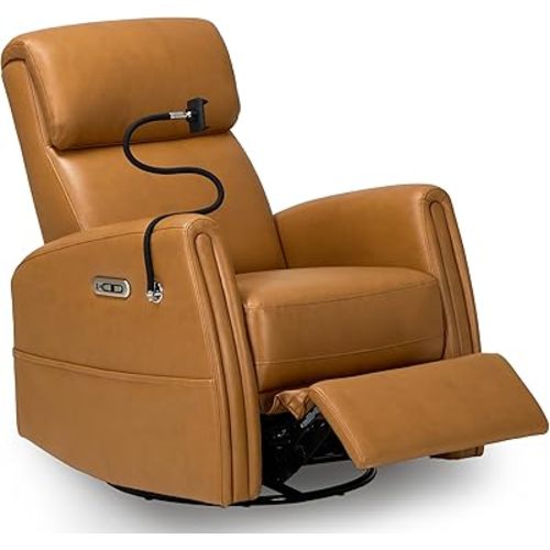 COLAMY Power Recliner Chair Swivel Glider, Faux Leather Rocking Recliner with USB-C & USB-A Charging for Nursery, Living Room or Bedroom, Padded Headrest, Removable Device Stand, Cognac Brown