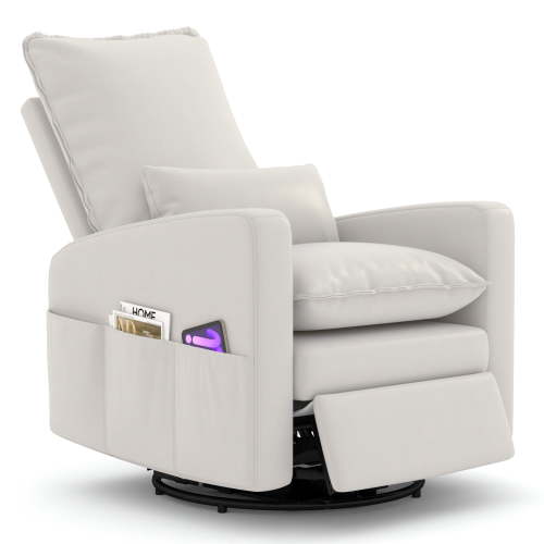 AECOJOY Power Swivel Recliner Chair Faux Leather Glider Swivel Rocker Recliner for Living Room Reclining Sofa Chair for Nursery with USB and Type-C Ports,White