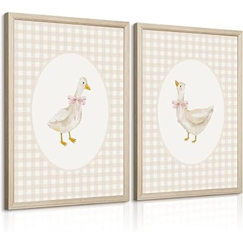 Nursery Goose Wall Art Girl Coquette Canvas Wall Decor Baby Room Wall Art Pink Bow Pictures Vintage Prints Duck Gingham Poster Girl Nursery Painting for Bedroom Living Room 16x24x2 Inch Wood Framed