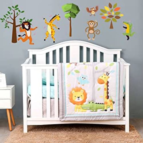 4 Pieces Animal Safari Crib Bedding Sets for Boys and Girls | Baby Bedding Crib Set of Crib Sheet, Quilt, Dust Ruffle for Standard Size Crib