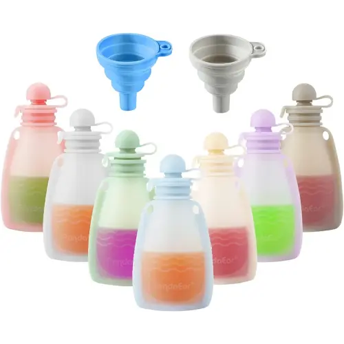 PandaEar Reusable Silicone Baby Food Pouches, 7 Pack Squeeze Pouches for Toddler Kids, BPA-Free Silicone Refillable Baby Food Storage, 5.5 oz /150 ml