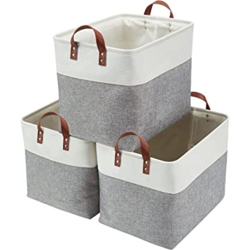 DECOMOMO Large Storage Baskets | Closet Storage Bins 17x12x13inch Canvas Baskets For Storage Laundry Nursery Toys Cloth Linen (Grey & White, XXL - 3 Pack)