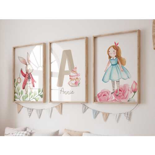 GIRLS CUSTOM PRINTS, Alice in Wonderland, girl Nursery Prints, Set of 3 Watercolor Prints, Girl's Room Decor, Baby Girl Nursery, name print