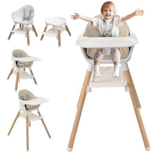 6-in-1 Wooden High Chair, High Chairs for Babies and Toddlers, Baby Highchairs with Adjustable Legs & Dishwasher Safe Tray,5-Point Harness, PU Cushion and Footrest for Baby, Girl, Toddlers