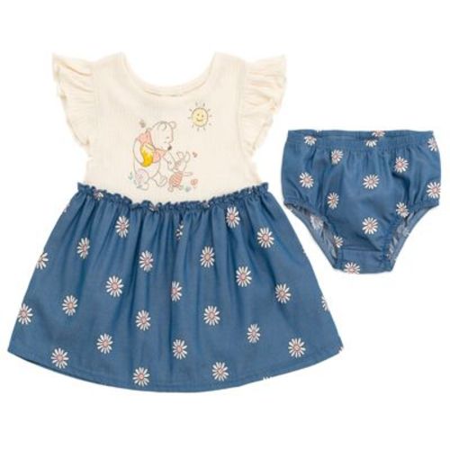Disney Winnie The Pooh Piglet Floral Newborn Baby Girls Chambray Dress And Diaper Cover Outfit Set Blue 3-6 Months