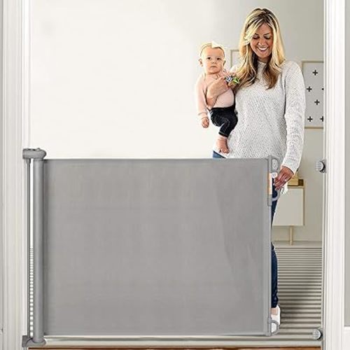 Retractable Baby Gate, Momcozy Extra Wide Mesh Baby Gates for Stairs, 33" Tall, Extends to 71" Wide, Pet Dog Gate for Doorways, Stairs, Hallways, Indoor/Outdoor