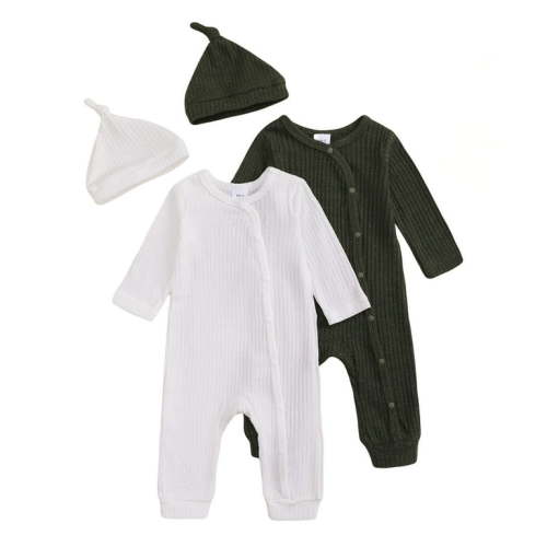 Actgleam Newborn Baby Boys Girls Pajamas with Hat Long Sleeve Button Solid Bodysuit Romper 2-Pack,0-3 Months