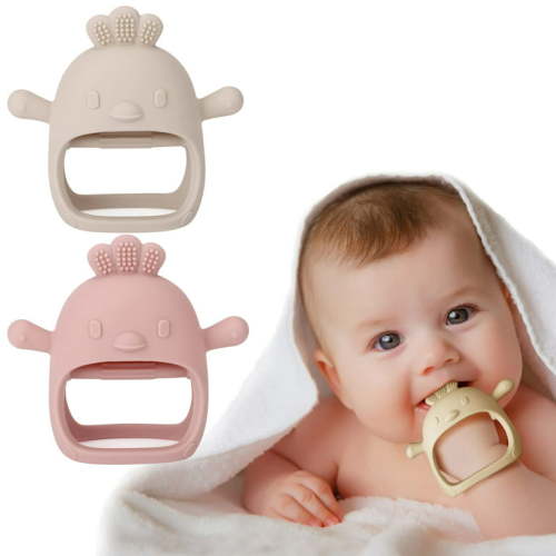 Silicone Baby Teether Toy for Infants 3+ Months, BPA Free Anti-Drop Silicone Mitten Teething Toy for Soothing Sore Gums, Baby Chew Toys for Sucking Needs, Beige+Rose Pink
