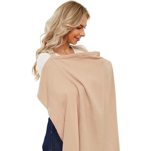 PPOGOO Muslin Nursing Cover for Baby Breastfeeding, Breathable Privacy Nursing Covers for Mom 100% Cotton Breastfeeding Cover with Rigid Hoop for Mother Nursing Apron (Brown)