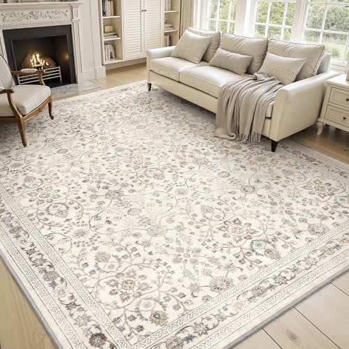 MontVoo-Vintage Area Rug 8X10 Beige for Living Room - Soft Distressed Printed Carpet for Bedroom - Non Slip, Machine Washable for Dining Room, Bedside, Office
