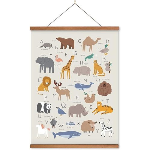 Lenny's World Animal Alphabet Poster on Linen Canvas with Teak Wooden Poster Hanger (ABC Animals) Durable Ready to Hang Learning Poster for Babies and Kids
