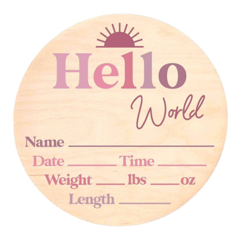 Hello World Newborn Sign - Baby Name Birth Announcement Plaque for Hospital - Photo Prop - Purple Pink Ombre Nursery Decor - Shower Gift