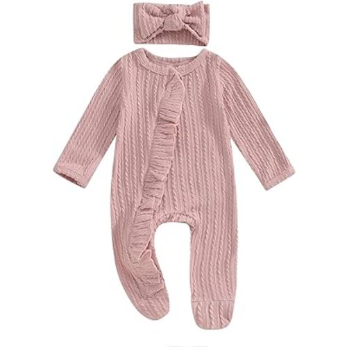 MoZiKQin Newborn Baby Girl Ruffle Romper Knit Sweater Onesie Jumpsuit Long Sleeve Zipper Romper Solid Fall Winter Outfits