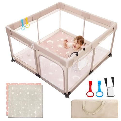 4 in 1 Baby Playpen with a Mat, 50"x50" Large PlayPen for Babies and Toddlers, Outdoor Baby Play Yard for Baby Activity Center, Sturdy Safety Baby Fence with Breathable Mesh and Anti-Slip Base - 50'x50'x27' - Beige with mat