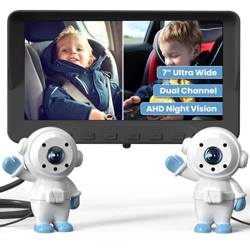 GROWNSY Baby Car Camera for 2 Kids, 7 in Ultrawide AHD Car Baby Monitor with 2 Camera, Backseat Mirror for Baby Rear Facing with Infrared Night Vision, Easily Observe Baby's Every Move