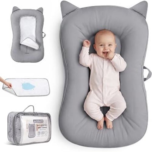 ACGROW Baby Lounger for Newborn 0-24 Months, Cotton Infant Support Cushion | Breathable Soft Tummy Time Mat, With Waterproof Pad, Machine Washable, Cozy Bionic Design, Portable for Home and Travel