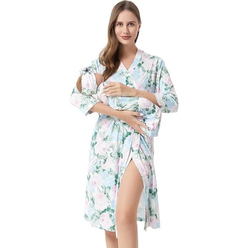 Galabloomer Flower Maternity Robe and Baby Receiving Blanket, Matching Mommy Labor Delivery Robe and Swaddle Set