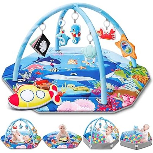 Baby Gym Play Mat, 8-in-1 Ocean Theme Tummy Time Mat & Ball Pit, Washable Baby Activity Play Mat for Visual, Hearing, Sensory, Motor Development, Baby Toys Gift for Toddler Infant 0-3-6-9-12 Months