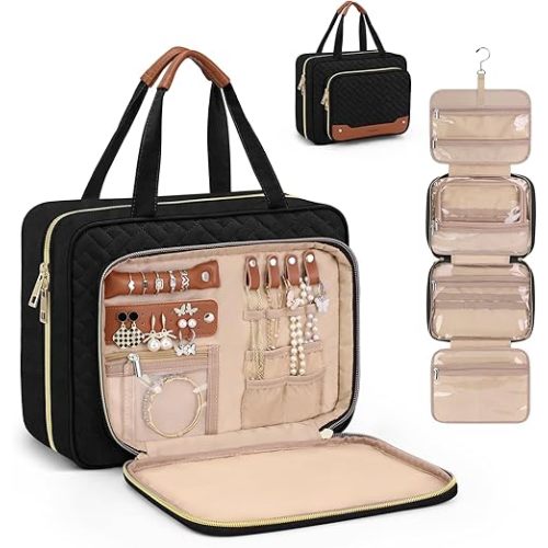 Wedama Toiletry Bag for Women, Hanging Travel Toiletry Bag with Jewelry Organizer Compartment Large Makeup Bag, PVC Waterproof Cosmetic Travel Bag for Travel Business Trips Camping Bathroom, Black