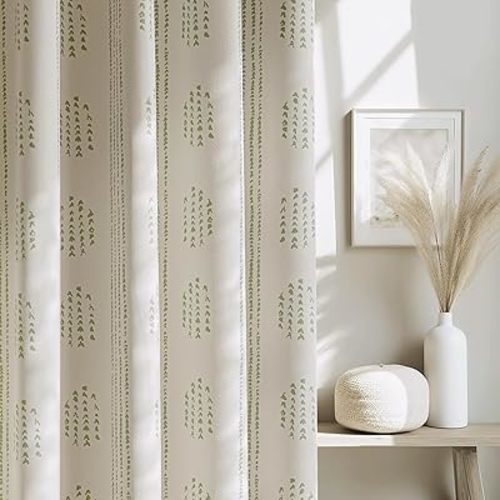 100% Boho Blackout Curtains 63 Inches Long for Bedroom, Green on Beige Patterned Bohemian Curtains for Living Room, Geometric Striped Thermal Insulated Window Drapes Gromment Top 2 Panels