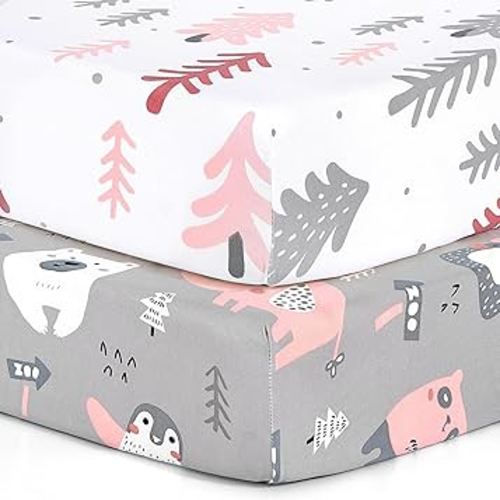 BROLEX 2 Pack Mini Crib Sheets, Stretchy Portable Fitted Playard Sheet Set, Convertible Playard Mattress Cover, Ultra Soft Breathable Material, Jungle Animals