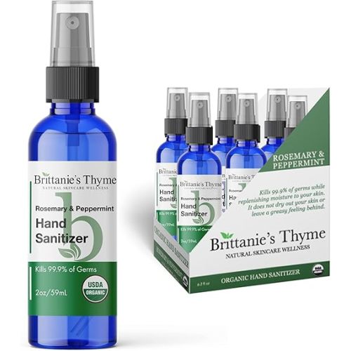 Brittanie's Thyme Organic Travel Hand Sanitizer Spray, Rosemary & Peppermint 2oz 6 Count | Vitamin E Aloe Moisturizing | Non Greasy & Replenishes Moisture & Nourishes Skin