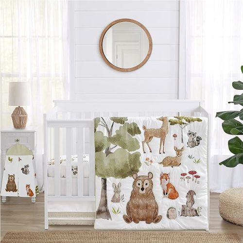 Sweet Jojo Designs 4-Piece Baby Crib Bedding Set (Woodland Animals) for Boys or Girls, Infants/Nursery incl. Blanket, Fitted Sheet, Skirt, Diaper Stacker (Neutral Theme, Forest Animal, Bear, Hedgehog)