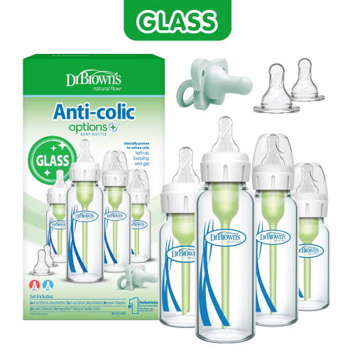 Dr. Brown's Anti-Colic Options+ Narrow Glass Bottle Starter Set, 4oz / 8oz Bottles, Levels 1, 2 Nipples, and HappyPaci Pacifier