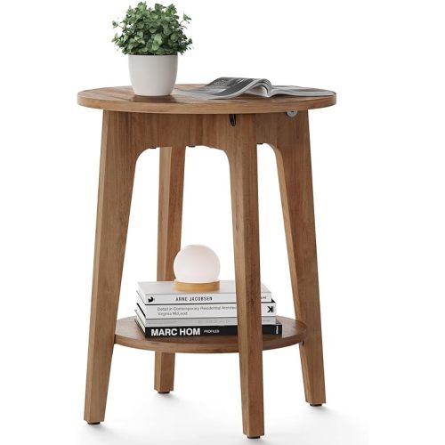 Small Round End Table with Lower Shelf, Rustic Walnut