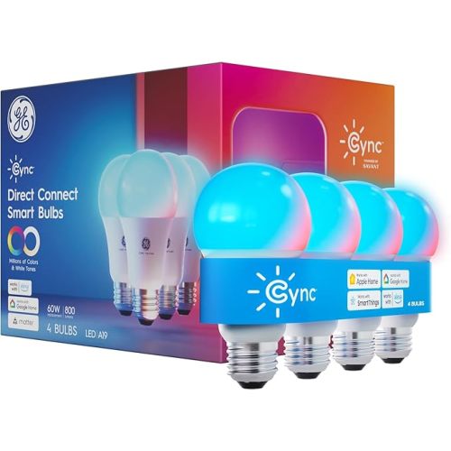 Cync GE A19 Smart LED Light Bulbs, Color Changing Room Décor, Works with Alexa and Google Home, Matter Compatible, LED Lights for Bedroom, Millions of Colors and White Tones (4 Pack)