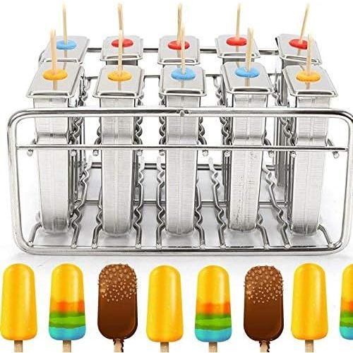 10PCS Ice Cream Stick Mold,Stainless Steel Frozen Popsicle Molds Ice Cream Pop Maker Freezer Tray,Commercial Popsicle Mold Ice Cream Stick Holder Silver