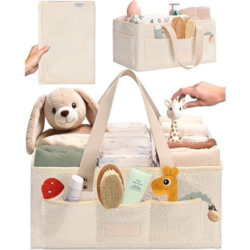 Baby Diaper Caddy Organizer with Portable Changing Mat - Teddy Fleece Diaper Organizer for Changing Table - Baby Basket for Diaper Changing Essentials - Baby Caddy Organizer with Removable Dividers