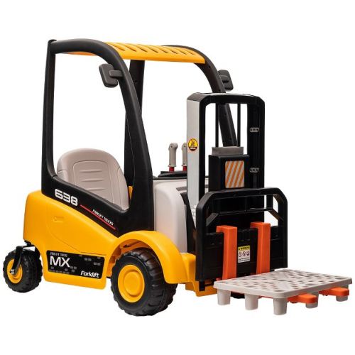 Qaba 12V Kids Ride on Forklift Car with Top, 360° Rotation Electric Ride On Excavator with Liftable Fork and Pallet, Music, Yellow
