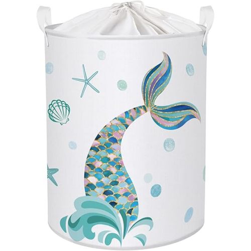Clastyle 45L Adorable Kids Mermaid Laundry Hamper Blue Seashell Starfish Collapsible Laundry Basket with Drawstring Waterproof Sea Theme Toys Storage Basket with Handle, 14 * 17.7 in