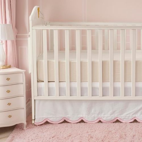 Brandream Organic Cotton Crib Skirt for Baby Girl & Boy, Delicate Pink Embroidered Scalloped Edge Crib Dust Ruffle Toddler Bedskirt, Soft Breathable Nursery Bedding, Fits Standard Cribs & Toddler Bed