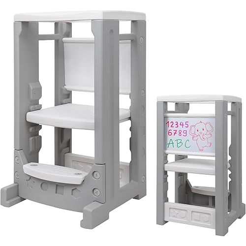 Toddler Tower with Dry Erase Board Height Adjustable Step Stool for Kids Montessori Learning Stool Toddler Kitchen Stool Helper with Non-Slip Safety Rail