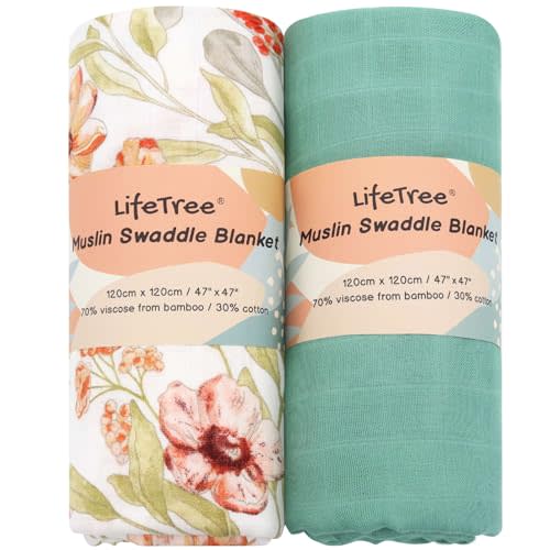 LifeTree Baby Swaddle Blanket, 70% Viscose from Bamboo and 30% Cotton Muslin Swaddles Blankets Unisex, Swaddling Blanket Neutral for Newborn, Super Soft Large 47" x 47", Pomegranate Flower and Green