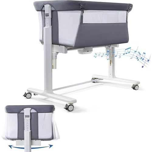 Electric Bassinet for Baby, 3 Speeds Automatic Rocking Bassinets with All mesh, 5 Height Adjustment Bedside Crib for Nweborn, 8 Music, Wheels, Light Grey