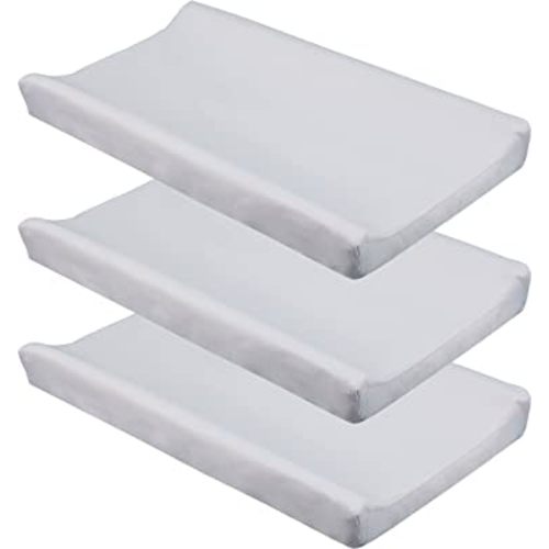 Gray Diaper Changing Pad Cover with Strap Holes Set of 3, Snug Fit 4-sided Contoured Changing Table Pad 16x31 16x32, Fitted Change Pad Sheet Neutral, 100% Silky Soft Microfiber