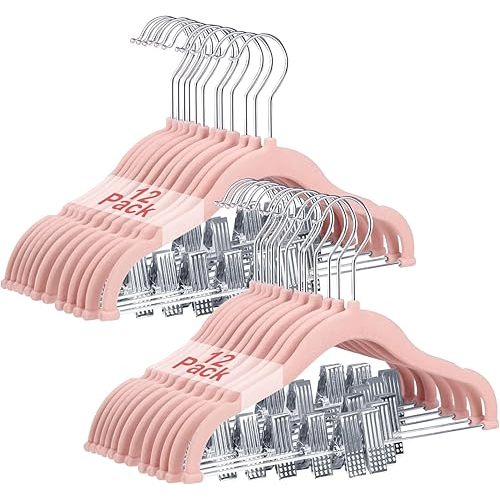 Baby Clothes Hangers with Clips, 24 Packs Kids Velvet Clothes Hangers, Heavy-Duty Childrens Hangers, Storage Organizer Clothing Hangers for Shirts, Pants, Skirts, Dresses, Jackets, Coat Pink
