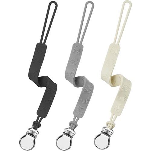 Silicone Pacifier Clip, Seposeve Pack of 3 Baby Pacifier Teether Clip with 4 Texture, Soft Flexible Silicone Pacifier Leashes & Cases for Boy and Girl, Keeps Pacifier Clean, Black Grey White