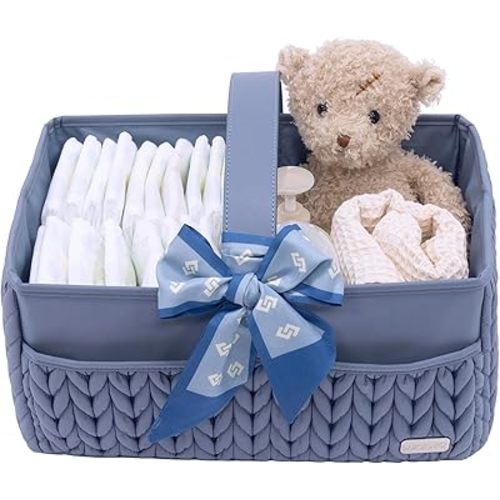 Luxurious Baby Diaper Caddy, Nursery Storage Basket for Newborn Essentials, Travel Baby Basket for Diapers Baby Wipes, Organizer Tote Bag Storage Bin, Baby Shower Gifts(ash blue)