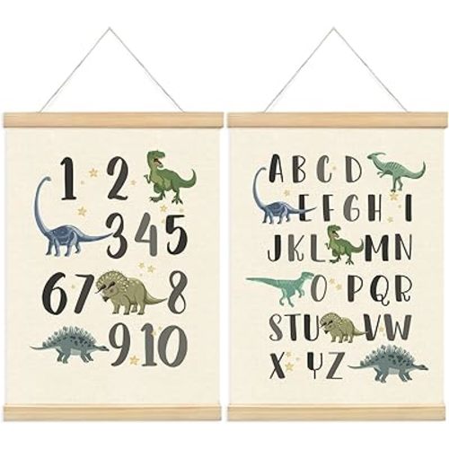 XYDEG Dinosaur Alphabet Numbers Poster Hanger Frame Set of 2, Boy Room Playroom Wall Decor, ABC Banner Poster Wall Art Frames, Alphabet Banner Wall Hanging Decor for Toddler, 12x16 Inch