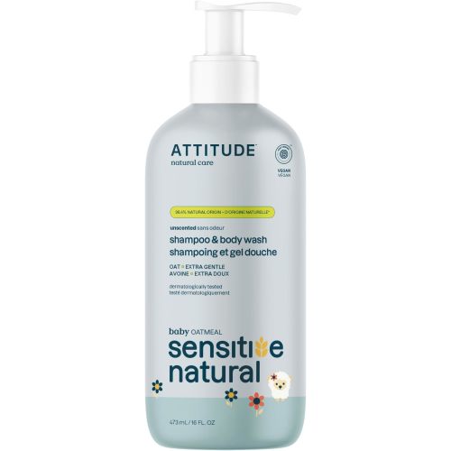 ATTITUDE Shampoo and Body Wash for Baby with Sensitive Skin, EWG Verified, Hypoallergenic, Plant- and Mineral-Based Ingredients, Vegan and Cruelty-Free, Enriched with Oatmeal, Unscented, 473 ml