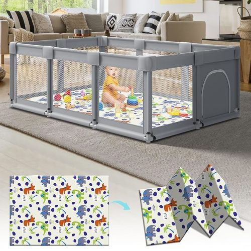 74" ×50" Large Baby Playpen, Baby Playard for Babies and Toddlers, Baby Fence Play Pens for Indoor & Outdoor, Sturdy Safety Play Yard with Soft Breathable Mesh, Anti-Fall, Grey (with MAT) - 74*50 IN+MAT