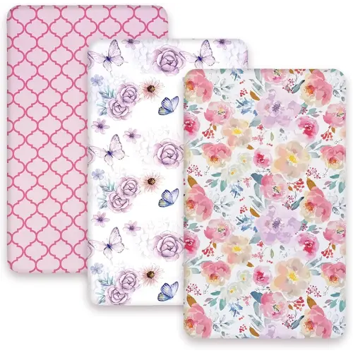 AMROSE 3 Pack Soft Mini Crib Sheets, Microfiber Pack N Play Sheets Set for Baby Girls, Silk Touch Gentle, Fitted for Playard Portable Mini Crib Mattress, Happy Garden