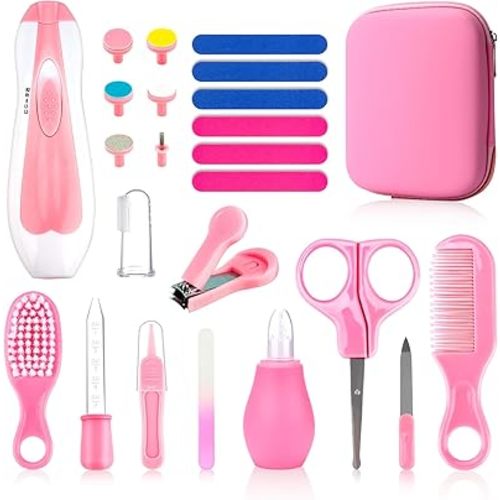 Baby Grooming Kit, Infant Safety Care Set with Hair Brush Comb Nail Clipper Nasal Aspirator,Baby Essentials Kit for Newborn Girls Boys, Pink-24- in-1
